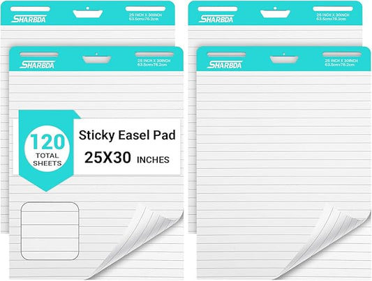 Lined Sticky Easel Pad, 25 in x 30 in,Flip Chart Paper,Sticky Chart Paper for Teachers, Large Self-Stick Easel Paper,Super Sticky & Bleed-Resistant,30 Sheets/Pad,4 Pads