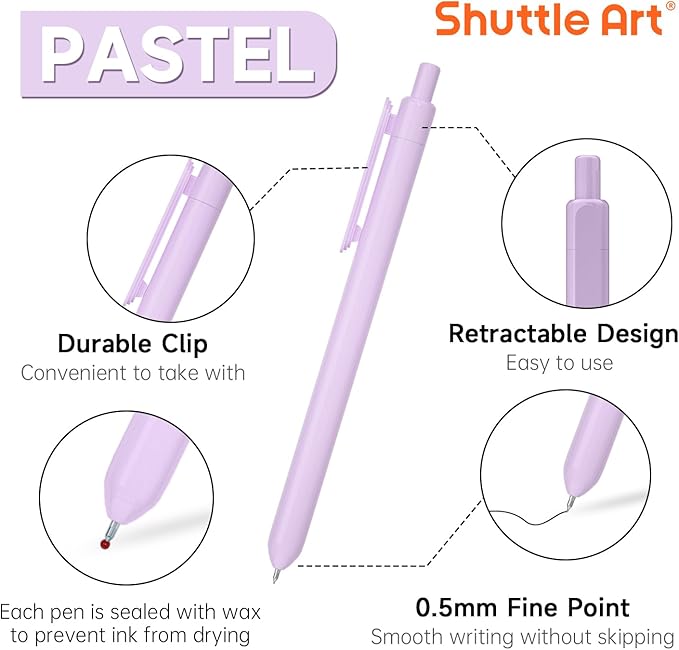 Shuttle Art Retractable Pastel Gel Ink Pens, 11 Pack Black Ink Pens, Cute Pens 0.5mm Fine Point for Writing Journaling Taking Notes School Office Home