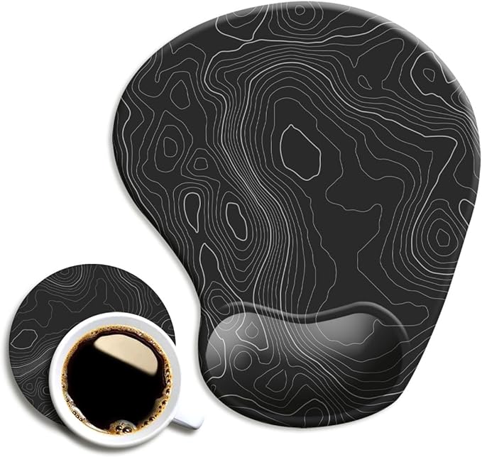 DOOKE Ergonomic Mouse Pad with Wrist Support and Coaster,Mouse Pads with Non-Slip PU Base for Home Office Working Studying Easy Typing & Pain Relief Topographic Contour Black