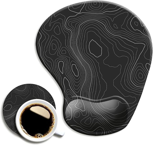 DOOKE Ergonomic Mouse Pad with Wrist Support and Coaster,Mouse Pads with Non-Slip PU Base for Home Office Working Studying Easy Typing & Pain Relief Topographic Contour Black