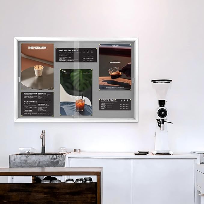 SWANCROWN Enclosed Locking Bulletin Board Gray Fabric Message Board with Sliding Glass Doors,for Indoor Use,48"x34"