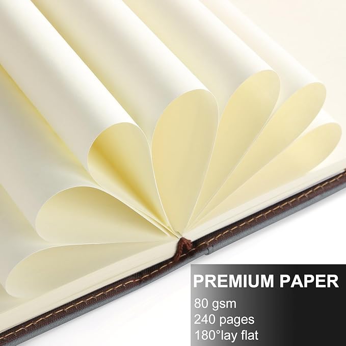 A5 Blank Journal Notebook, Refillable Hardcover Leather Sketchbook with Pocket and Magnetic Buckle, 240 Pages Thick Travel Sketchbooks for Drawing and Writing, 80gsm Unlined Journal for Men and Women