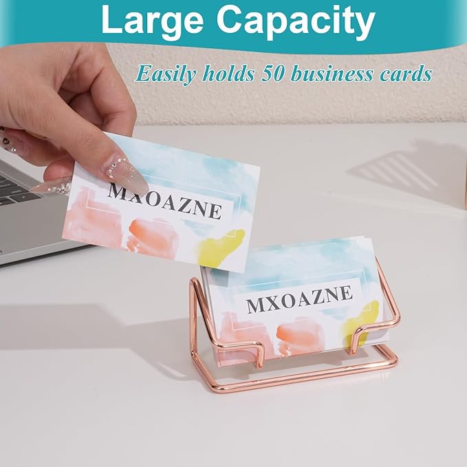 Business Card Holder for Desk, Metal Business Card Holder Display Stand, Desktop Business Card Organizer for Women, 2 Pack, Rose Gold