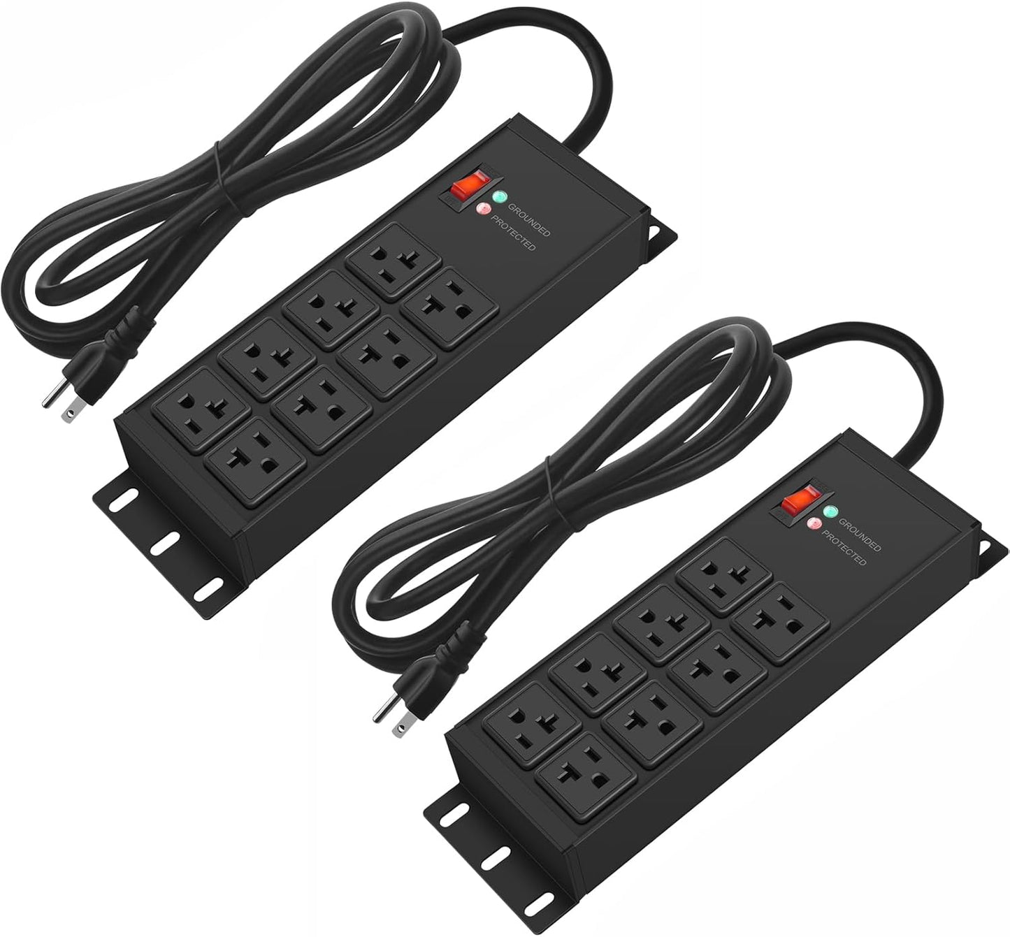 CCCEI 2PCS Heavy Duty Power Strip Surge Protector 20 AMP, 8 Outlets 12 Gauge Shop Garage Metal Multiple Outlets, 10 FT Extension Cord 5-15P Adapter High Amp 6-20R T-Slot 20a for Appliance Black.