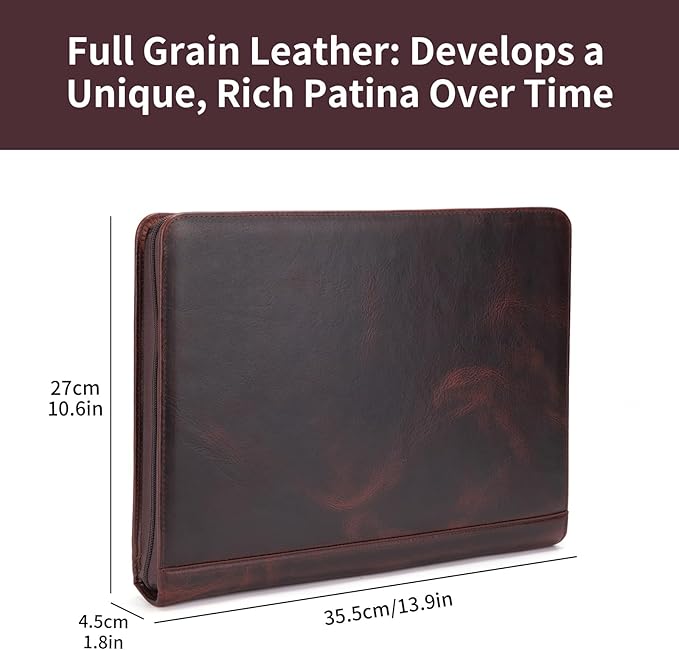 Personalized Genuine Leather Portfolio Binder, Zippered Padfolio for Men Women, Business Folio with 8.5” x 11” Notebook Holder and 13” Laptop Sleeve, Professional Folder, Dark Brown, Oil Tanned