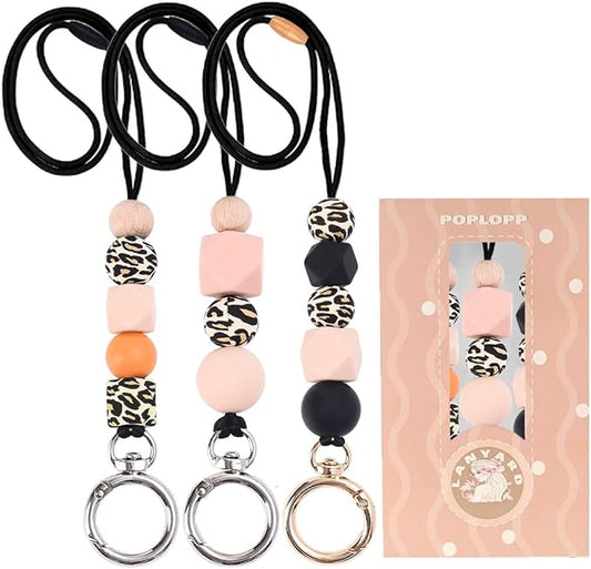 POPLOPP 3PCS Teacher Lanyards for ID Badges and Keys, Cute Silicone Beaded Lanyard for Women Nurse Employees Students
