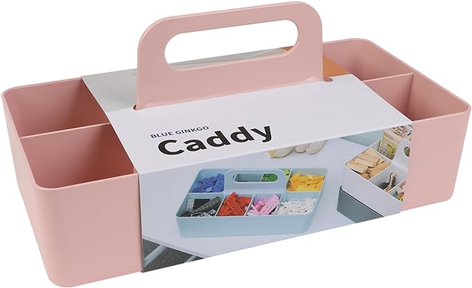 BLUE GINKGO Stackable Organizer Caddy – Korean-Made Portable Tote for Bathroom, Office, Crafts, or School Supplies (Long Rectangle, Pink)
