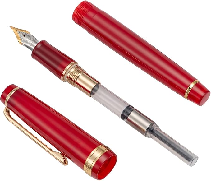 Jinhao 82 Acrylic Fountain Pen, Iridium Fine Nib with Ink Converter, Transparent Red Classic Design Smooth Writing Pen (Gold Trim)