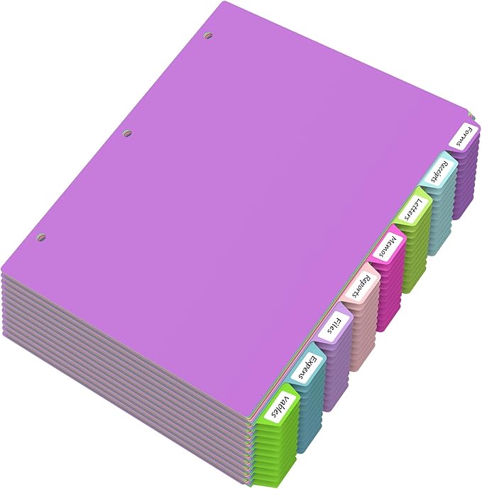 HABGP 96Pcs/12 Set Binder Dividers with Tabs, 8 Color Tab for 3 Ring Binder Dividers, Page Folder Dividers for 3 Ring Binder Sheet Paper Protectors, Plastic Tabbed File Dividers with Tabs