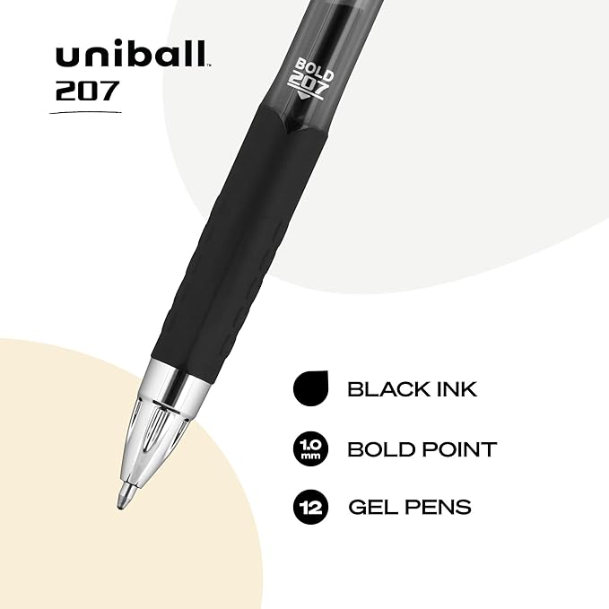 Uni-Ball 207 Gel Pen 12 Pack - 1.0mm Bold Black Pens, Gel Ink School Pens - School Supplies, Teacher Pens, Journaling Pens - Back to School