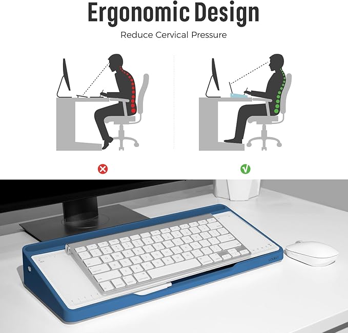 LOUKIN Glass Desktop Whiteboard, 15.3" x 5.6" Desktop Dry Erase Board with Dotted and Graduated Surface, Desktop Buddy, Great for Design and Drawing, 3 Markers and 1 Dry Erase Eraser Included (Blue)