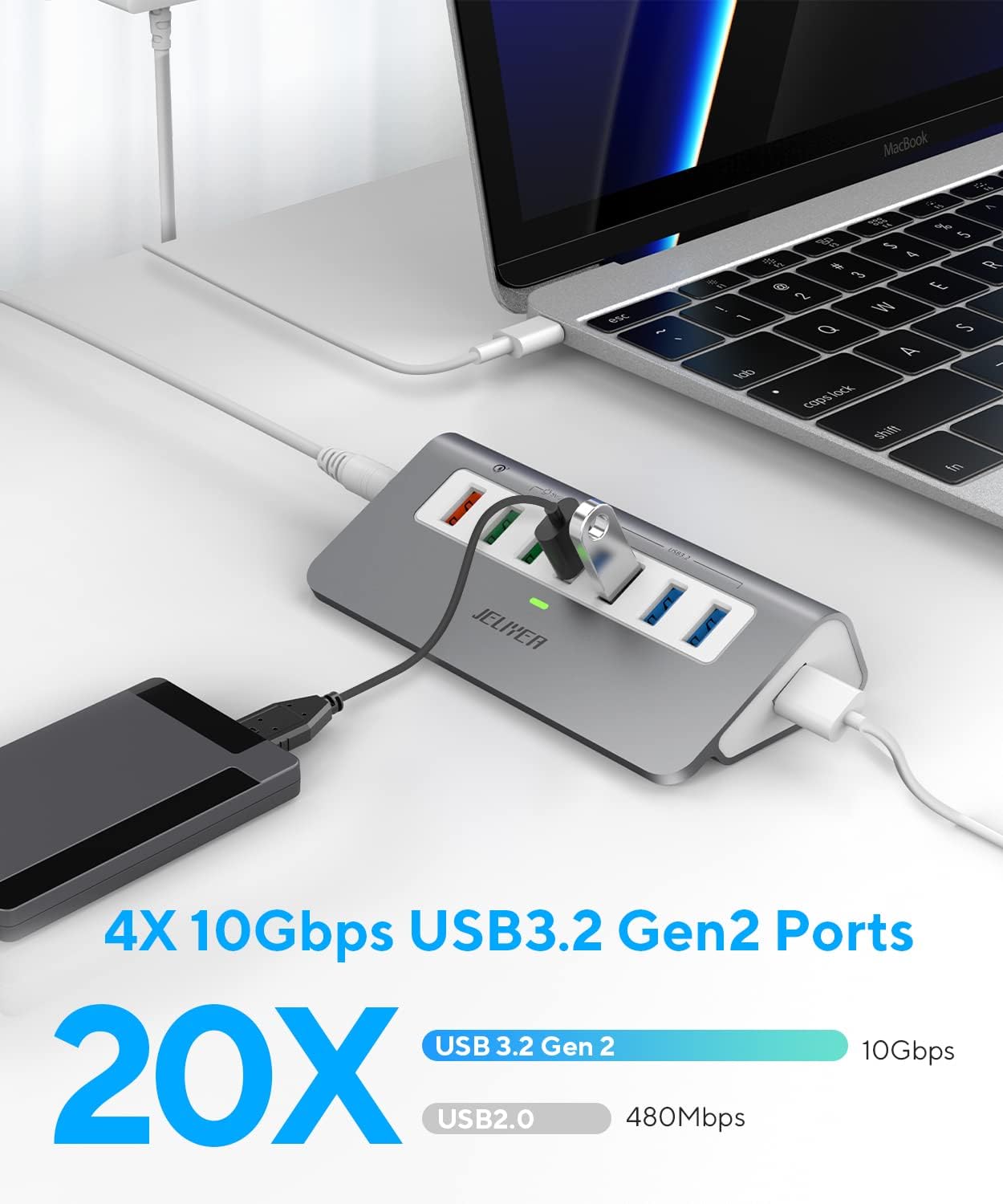 Powered USB-C 7-Port Hub, USB 3.2 Gen 2 Adapter - 4x 10Gbps Data, 3x 3.3ft Charging Ports, 30W Power Adapter for Laptop, PC, MacBook