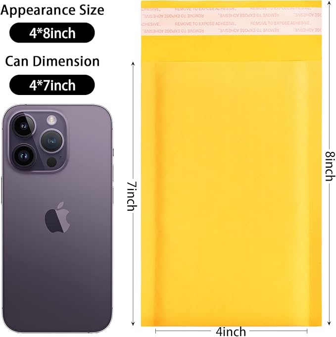 DaSen Kraft bubble mailers 4x7 Inch 100 Pack,Self-Sealing Paper Envelopes for Packaging,Strong Adhesion Envelope Mailers, Small Waterproof Cushioned Padded Shipping Bags Yellow #000