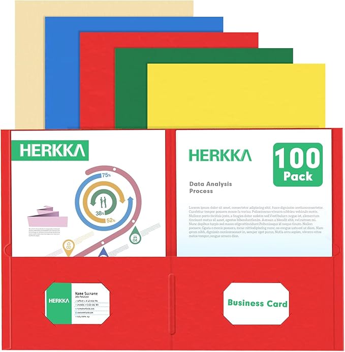 Two Pocket Folder, HERKKA 100 Pack 2 Pocket Folders, Letter Size Paper Folders Designed for Office and Classroom Use, Assorted 5 Colors