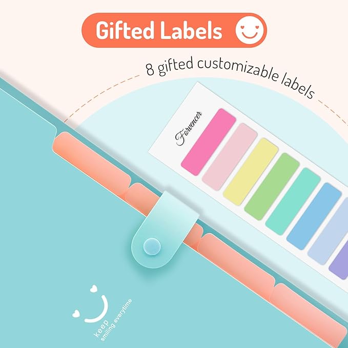 Forvencer Accordion File Organizer, Letter Size, 5 Pocket Expanding File Folder, Cute File Folder with Labels, Portable File Organizer for School Office Supplies, Folders for Documents, Orange