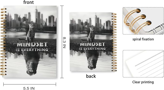 Tizzer Mindset is Everything Cat Tiger Motivational Lined Hardcover College Ruled Spiral Notebook Journal for Work Notes Journaling 5.5×8.3 Inch,Mindset Encouragement Gift