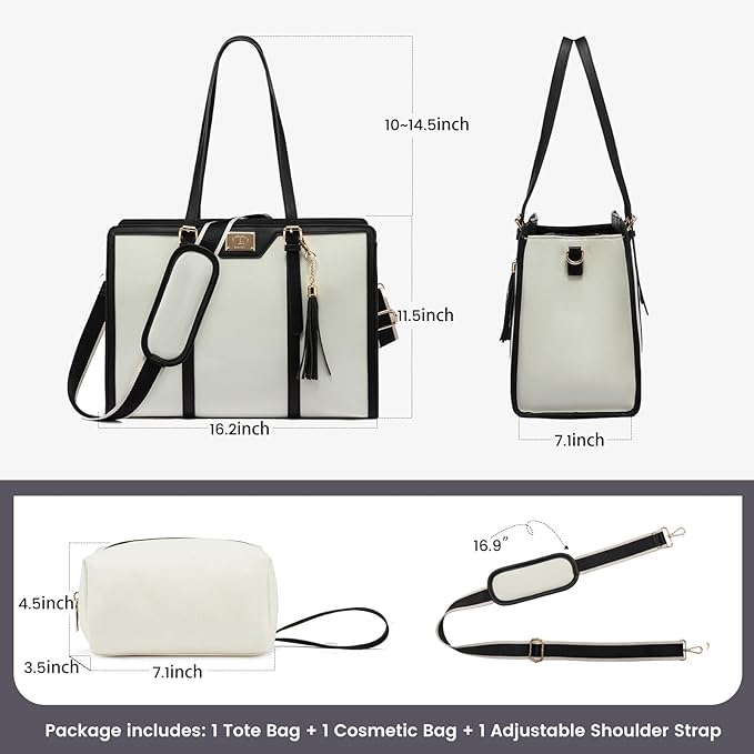 T's Luxury Laptop Tote Bag For Women 15.6 Inch Canvas Bag With Vegan Leather Trim Briefcase Computer Bag With Clutch Purse For Office Business,Travel, Beige and Black.