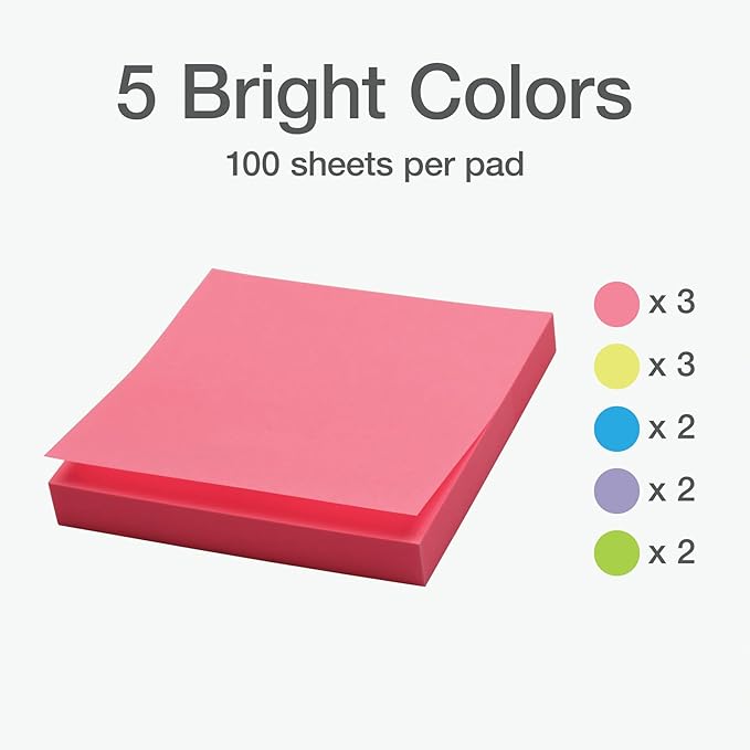 Redi-Tag Sticky Notes, Power Stick Notes, Adhesive Reminders, 3" x 3" Reusable Notes, Strong Adhesive Memos, Assorted Bright Colors, 12 Pack (1000976)