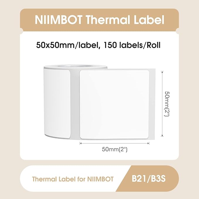 NIIMBOT Labels B1/B21/B3S/K3 Label Maker, 2'' x 2'' (50x50mm) Thermal Sticker Label, Waterproof Price/Memo Labels for NIIMBOT B21/B3S Label Printer, 1 Roll of 150 Self-Adhesive Thermal Labels (White)