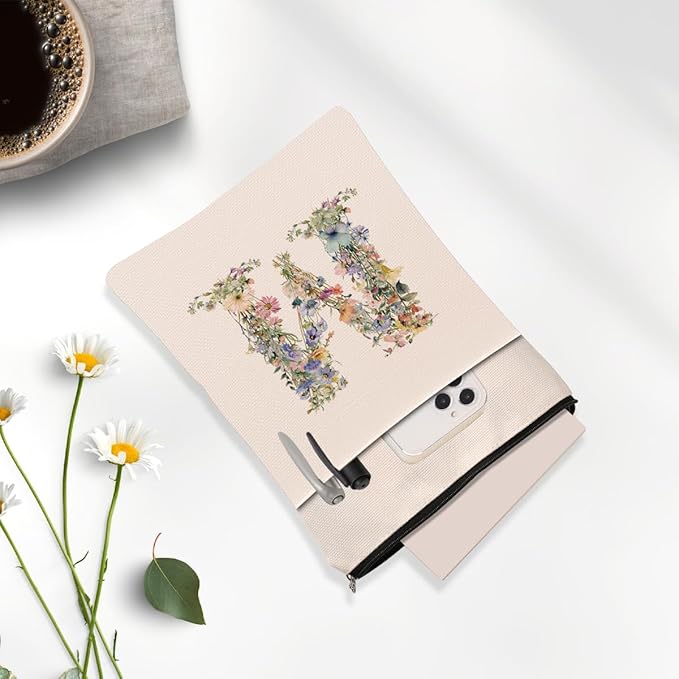 Monogrammed Book Sleeve Floral M Initial Book Pouch Book Accessories Book Lovers Gifts Waterproof Book Cover Book Protector Bookish Gifts Personalized Gifts for Women Girls Readers Bride Niece