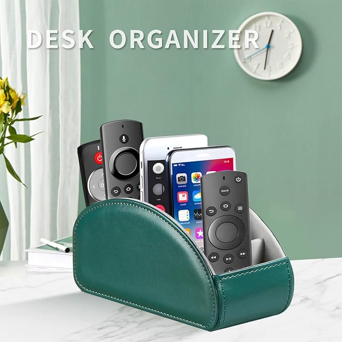 Remote Control Holder, Leather 5 Rooms Desk Organizer and Decorations for Living Room, Bedside Storage Remotes Caddy for TV Controllers/ Makeup Brush Pen/ Office Stationery/ Art Supplies/ Eyeglasses