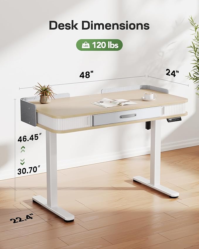 Marsail Electric Standing Desk Whole-Piece Desktop 48 x 24 Inches Height Adjustable Desk with 3 Drawers Home Office Table with 3 Memory Preset