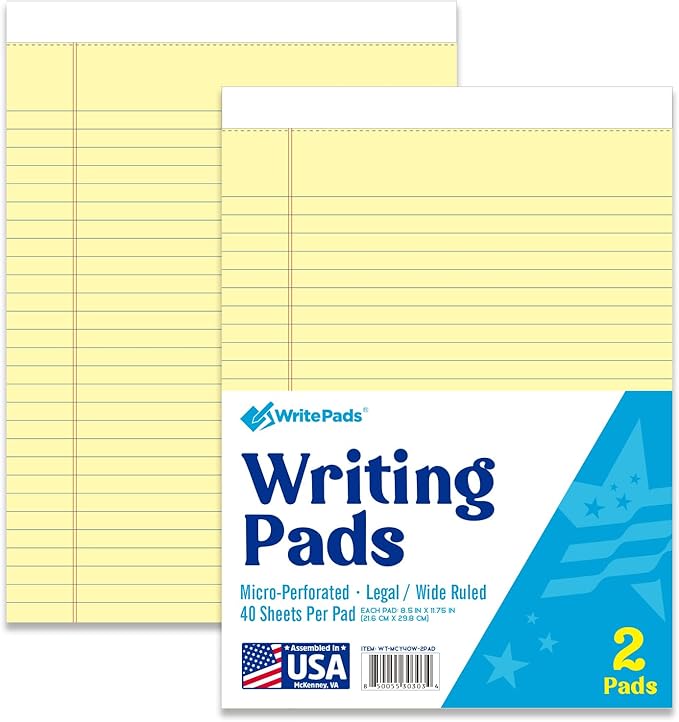 KAISA Legal Pads 8.5x11 Writing Pads Wide Ruled Notepads 8.5"x11.75" Canary Note Pads, Yellow 40 Sheets 2 Pads,WT-MCY40W-2PAD, Made in the USA
