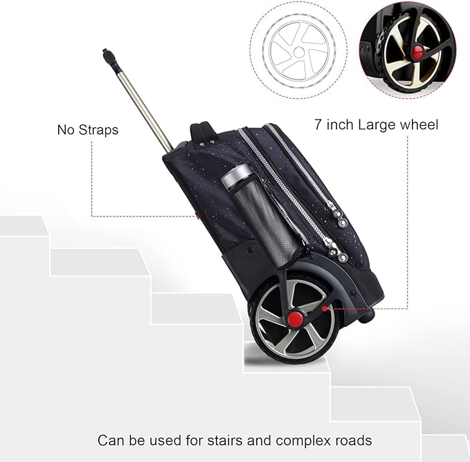 UNIKER Rolling Backpack without Straps for Boys, Roller Travel Bag,Wheeled Bookbag High School,Trolley Middle School Bag for Teens,Schoolbag with Wheels