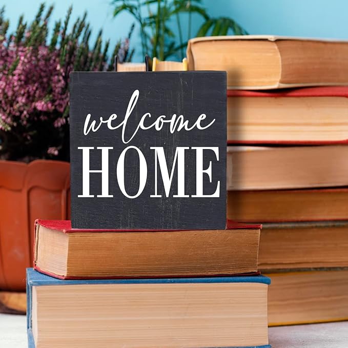 Welcome Home Sign Home Decor Desk Decor Wooden Box Sign Rustic Black Wood Block Plaque Box Sign for Women Family Friends Farmhouse Living Room Kitchen Bedroom Shelf Table Decoration