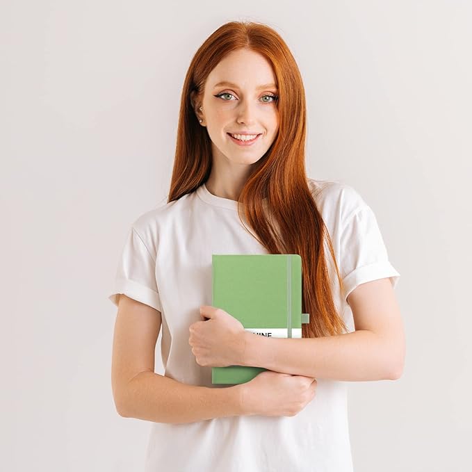 Dotted Journal/Notebook - Dot Grid Hard Cover Notebook, Premium Thick Paper with Fine Inner Pocket, Black Smooth Faux Leather, Pen Loop, 5.3'' x 8.26'' - Light Green