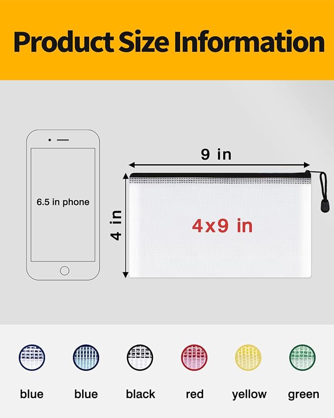 SUNEE Plastic Mesh Zipper Pouch 4x9 in (Black, 12 Packs), Small Water-Resistant Zip Bag for School Office Supplies, Pencil Organizing Storage