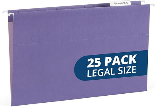 25 Blue Summit Supplies Legal Size Hanging File Folders, Purple Hanging File Folders, Durable 11pt Paper with Plastic Tabs and Inserts Included, 25 Pack