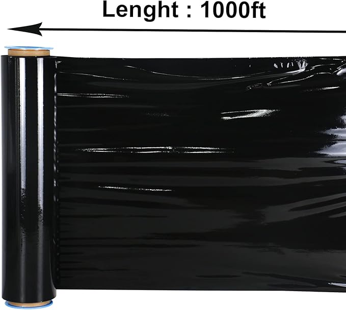 BOMEI PACK Black Stretch Wrap Industrial Strength with Plastic Handle 18" x 1000 Feet 80 Gauge 4 Pack, Black Shrink Wrap, Self-Adhering Black Plastic Wrap for Shipping, Moving