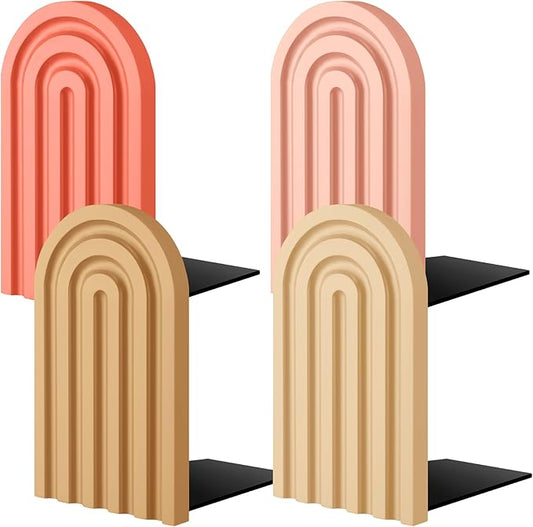 Harloon 4 Pieces Boho Arch Wood Bookends Rainbow Arch Back to School Gift Ideas Non Skid Bookend Decorative Wooden Book Stand Book Stoppers for Books Movies CDs(Cute Color)