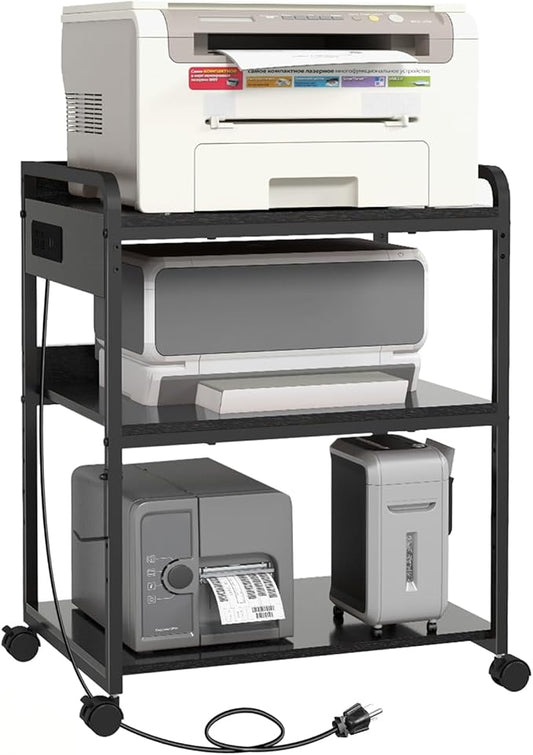 Printer Stands with Charging Station, 25.2 x 18.9 Inch Large Printer Stand with Wheels for Home Office, 3 Tier Printer Table with Power Outlet USB Port, Printer Shredder Stand, Black