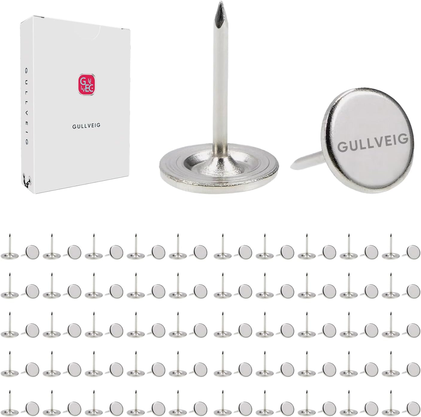 Gullveig Silver Push Pins - 100 Piece Set in Elegant Metallic Finish - Durable Metal Thumb Tacks, Reusable Paper Box - Perfect for Home, Office, and DIY Projects - Ф11mm x 17mm