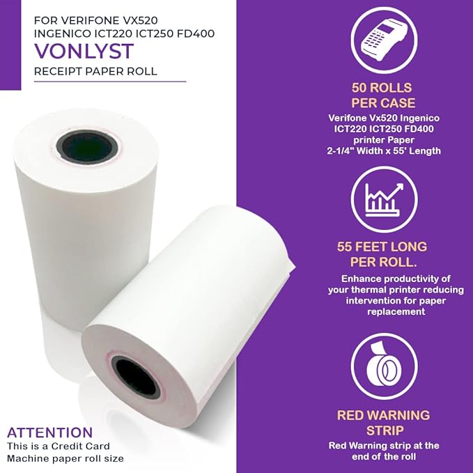 Thermal Paper Roll 2 1/4 x 55 for Verifone Vx520 Ingenico ICT220 ICT250 FD400 (50 rolls)