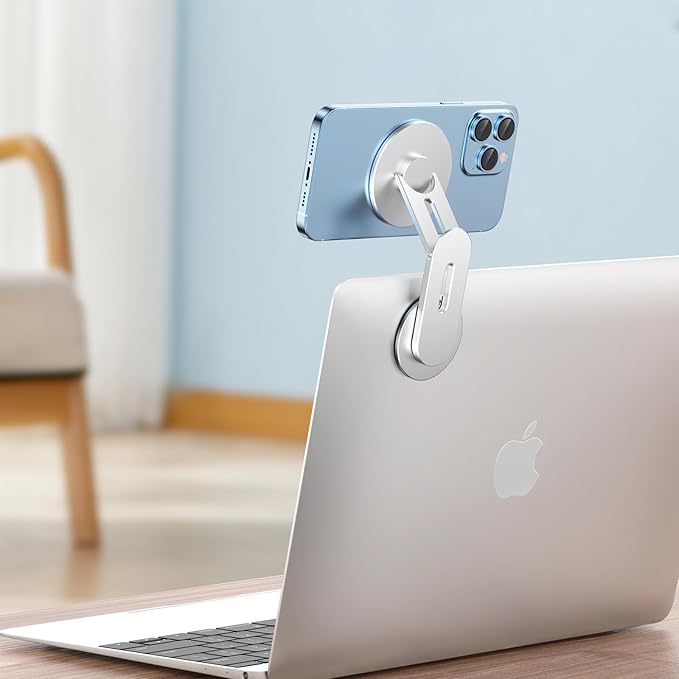 Magnetic Phone Holder for Laptop for MagSafe for iPhone 16/15/14/13/12 & All Phones, 180°Adjustable Phone Side Mount for Computer Monitor for Tesla, Desktop Cell Phone Bracket (Silver)