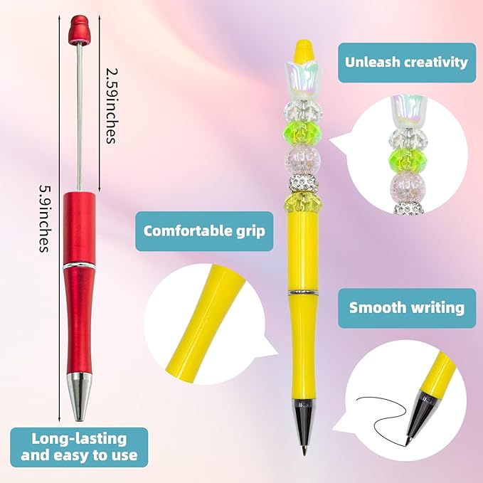 45 Pieces Beadable Pens - Beaded Pens Colourful Plastic Diy Black Ink Ballpoint Pens Bulk - Bead Pens Suitable For Teacher, Students, Office, School, Graduation Gift Supplies