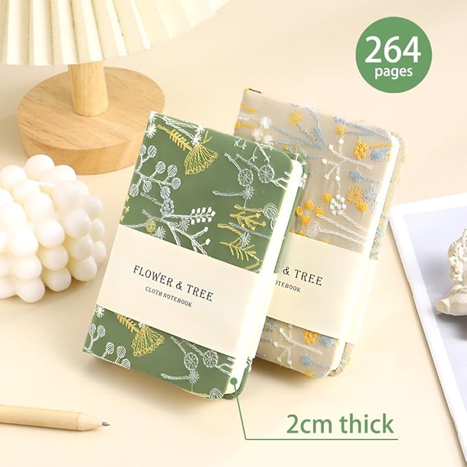 Pocket Notebook, A6 Journal, Small Embroidered Journal, Cute Fabric Notebook, Lay Flat Hardcover Journal, 4x6 Lined Notebook & Sketchbook, Personal Writing Journal for Women, Green Dandelion