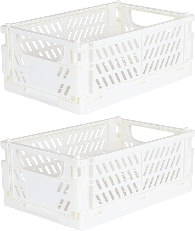 Tixill 2-Pack Mini Foldable Plastic Baskets for Organizing and Storage, Collapsible Storage Crate for Home Kitchen Bedroom Bathroom Office (9.8x6.5x3.8, White)
