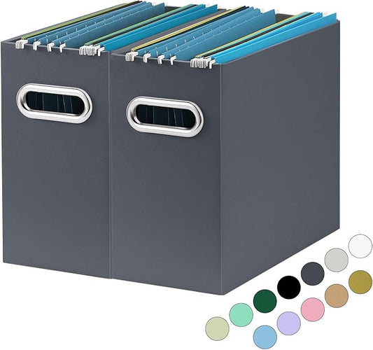 Oterri File Organizer, Small Storage Box, Cardboard File Folder Organizer, Collapsible File Box, Hanging File Organizer for Letter Size, Portable File Box with Handle, Only Box (Dark Grey,2 Packs)