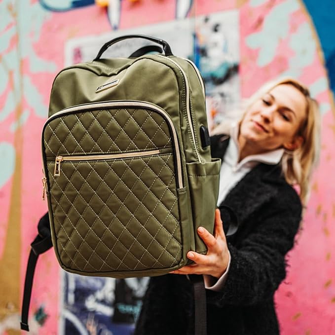 Modoker 15.6 Inch Laptop Backpack for Women, Quilted Work Backpack for Women Bookbag Teacher Backpack, Travel Backpack with USB Charging Port, Backpack Purse for Women Nurse, Green