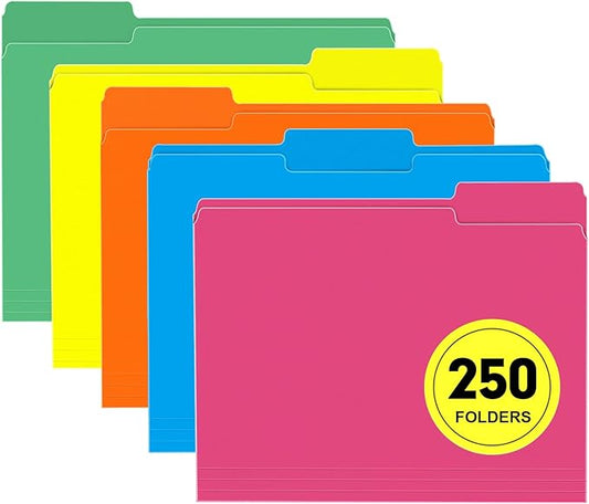 File Folder, RAZCC 250 Pack 1/3 Cut Tab Colored File Folders, File Folder Letter Size for Office Classroom Use, Assorted 5 Colors Folders with Tabs
