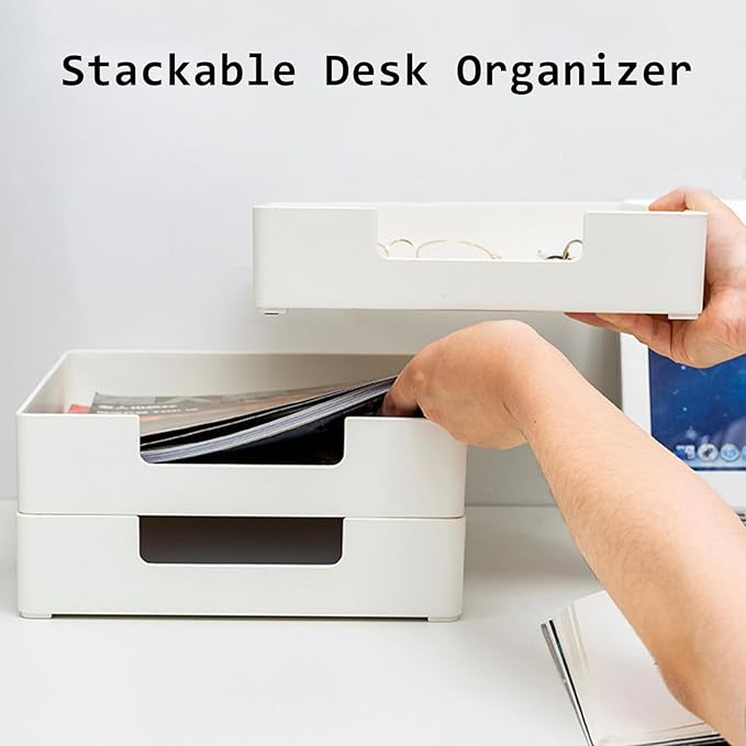 Paper Tray, 2pc Letter Tray, Paper Organizer for Desk, Stackable Front-Load A4 Paper File Folder Magazine Storage Holder, Drawer Organizer, Office Desktop Accessories Workspace Document Organizer