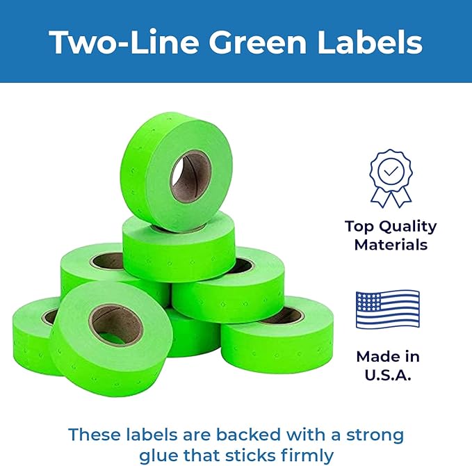 Perco 2 Line Fluorescent Green Labels - 32 Rolls, 4 Sleeves, 24,000 Blank Price and Date Gun Labels for Perco 2 Line Price and Date Guns - Made in USA