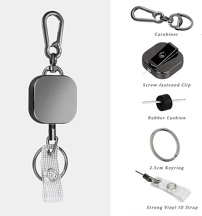 VIQWYIC 1 Pack Retractable Badge Holder Keychain, Tactical ID Card Holder, Heavy Duty Carabiner Badge Reel for Keys ID Card (Metal)