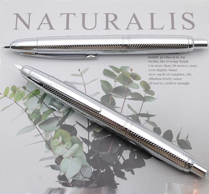 JINHAO 10 Press Fountain Pen, Retractable Metal Pen with Ink Converter (EF Nib 0.38mm, Wavy Texture Bright Silver)