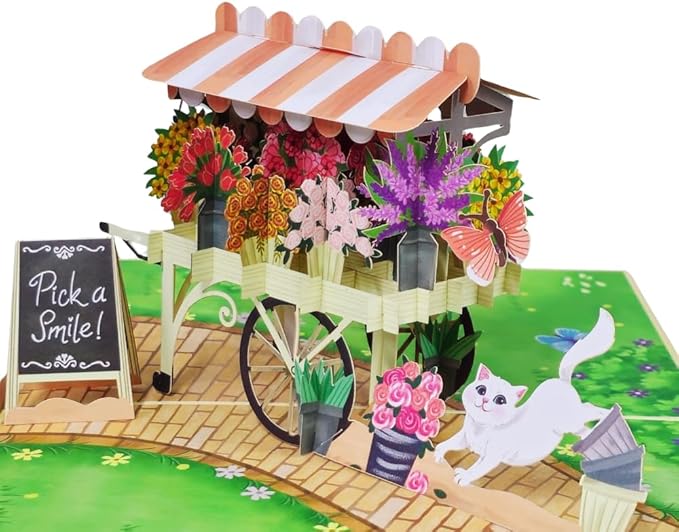Flowers Cart Pop Up Card, Cat Catching Butterfly, 3D Greeting Card, Gifts for Birthday, Mothers Day, Valentines Day, Mom, Wife, Girlfriend, Sister, 5x7 - Includes Envelope And Message Note