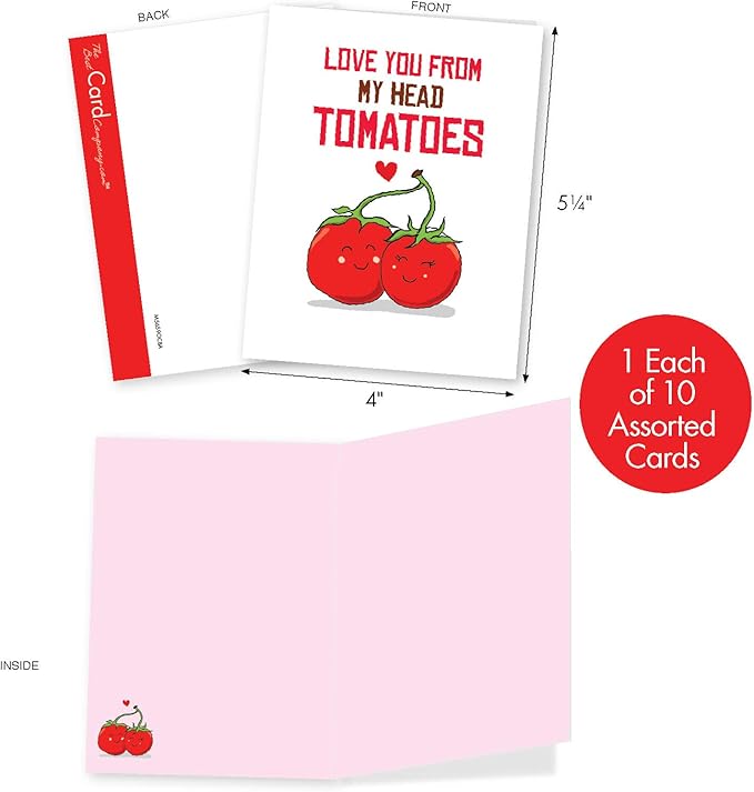 The Best Card Company - 10 Funny Assorted Blank Humor Notecards Box Set 4 x 5.12 Inch w/Envelopes Loving Cartoons for Men, Women (10 Designs, 1 Each) - Romantic Yummy Puns M5659OCB-B1x10